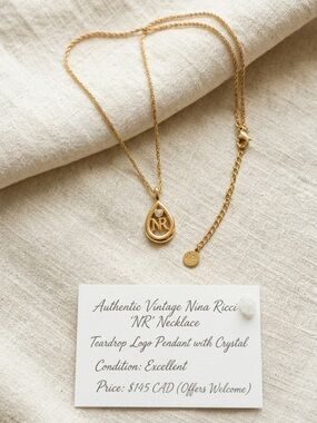 Vintage Nina Ricci Gold Tone NR Logo Crystal Teardrop Necklace